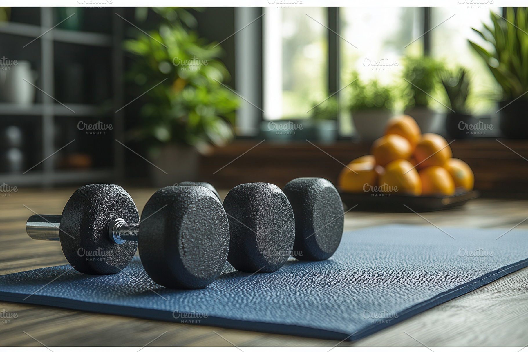 Weight training equipment is set up, a Photo by Tanuart