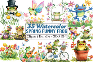 Spring Funny Frog Clipart, an Illustration by DreamCafeArt
