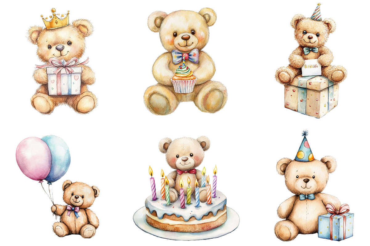 Watercolor Birthday Bears Clipart, an Illustration by Pixels.Craft (Photo 5 of 7)