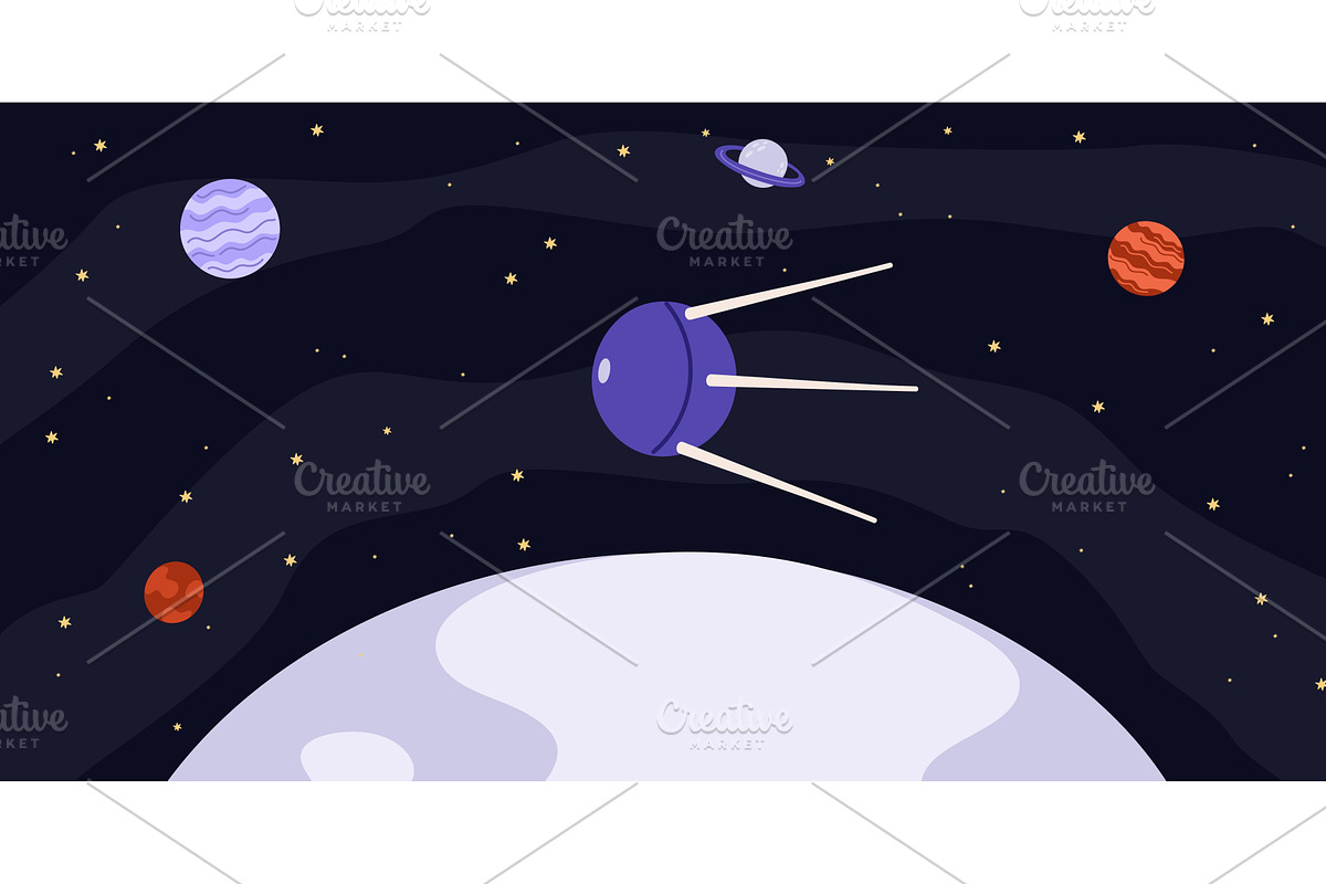Artificial space satellite flies in, an Illustration by Vectorbuum