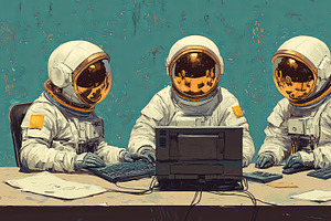 Astronauts Collaborating at a Desk in a Futuristic Office Setting, an Illustration by AS photostudio