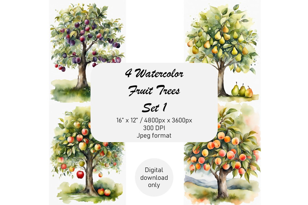 Watercolor Trees, Fruit Trees, Set 1, a Decorative Illustration by Kat's Artful Creations (Photo 1 of 9)