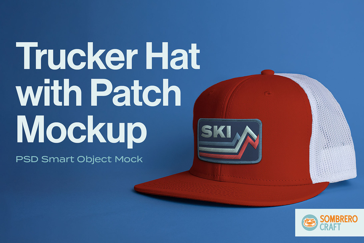 Trucker Hat with Patch Mock, a Hat Mockup by Sombrero Craft (Photo 1 of 3)