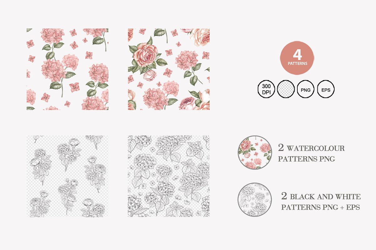 4 patterns roses and hydrangea, a Pattern Graphic by Kotkoa (Photo 2 of 7)