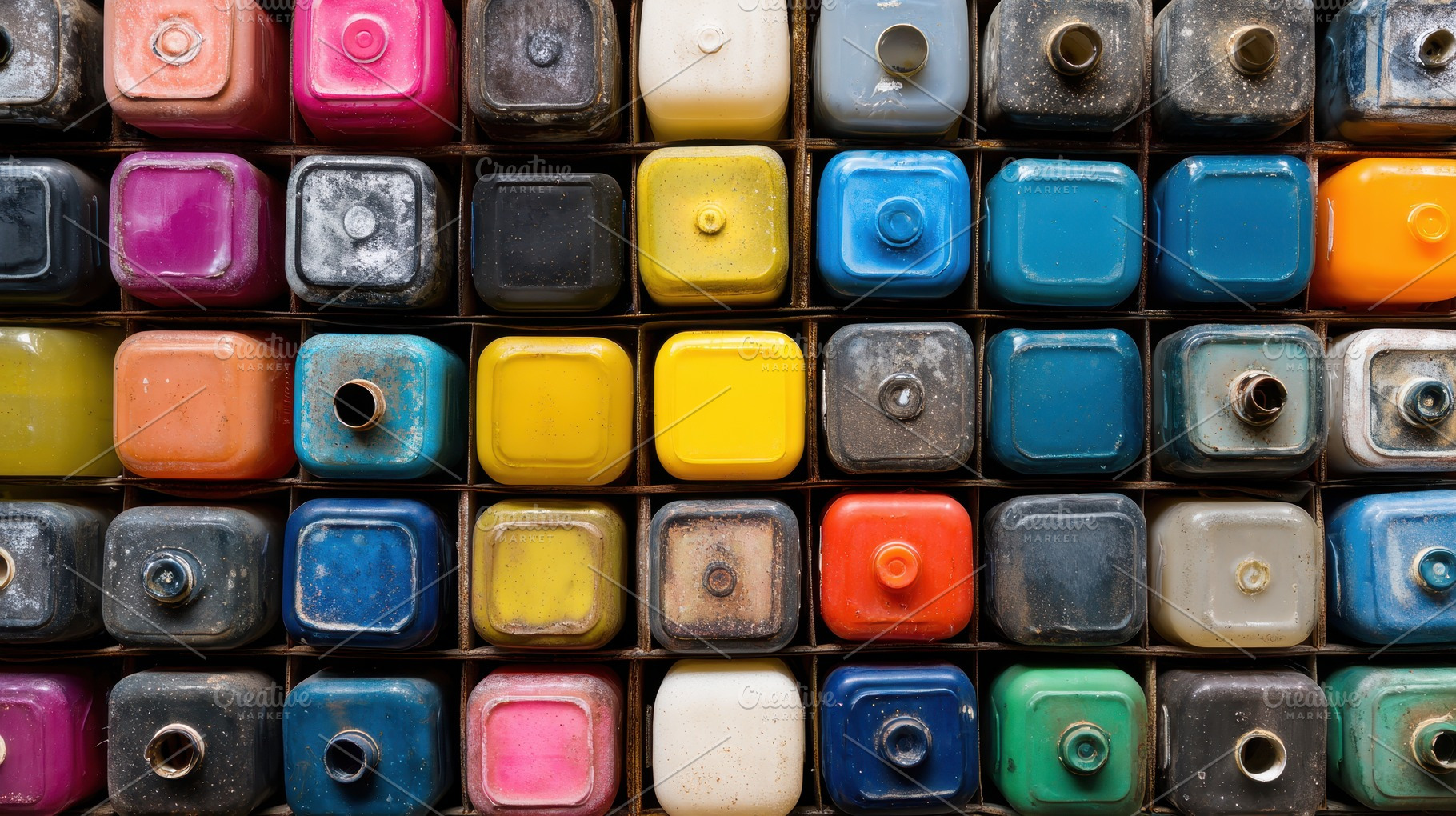Colorful array of paint containers, a Photo by Pavel_design