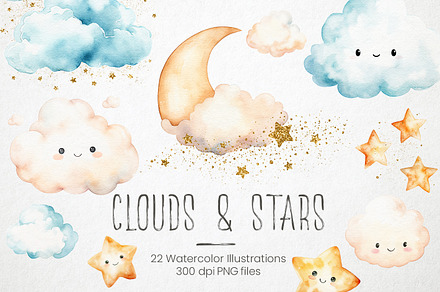 Watercolor moon stars & clouds, PNG