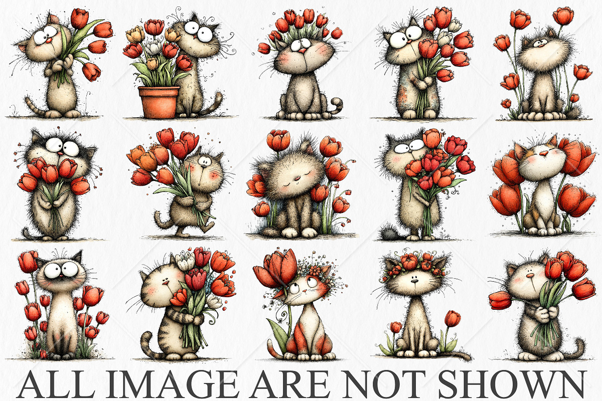 Whimsical Cat Tulips Drawing Clipart, a Seasonal Illustration by Canvas Craft (Photo 4 of 10)