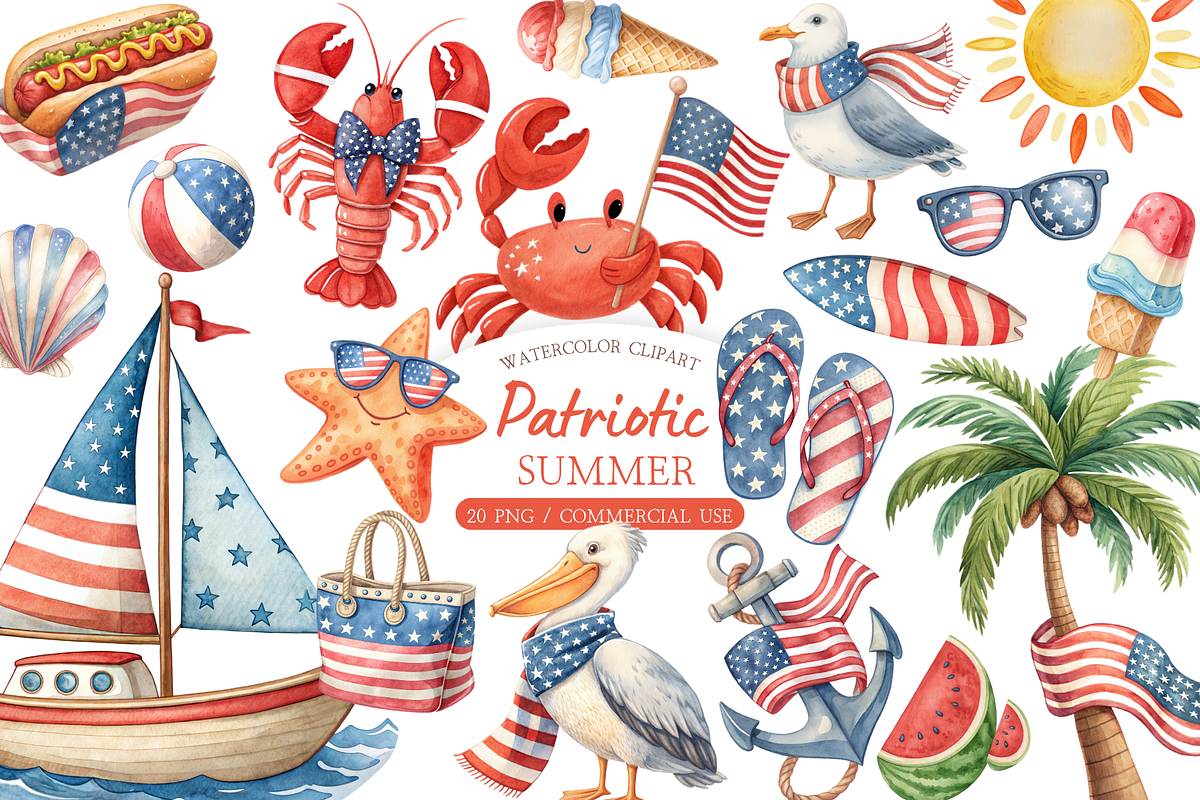 Watercolor 4th of July Clipart, a Seasonal Illustration by MockupWizard (Photo 1 of 5)