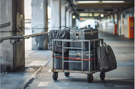Luggage cart waiting outside airport, a Transportation Photo by Ylivdesign