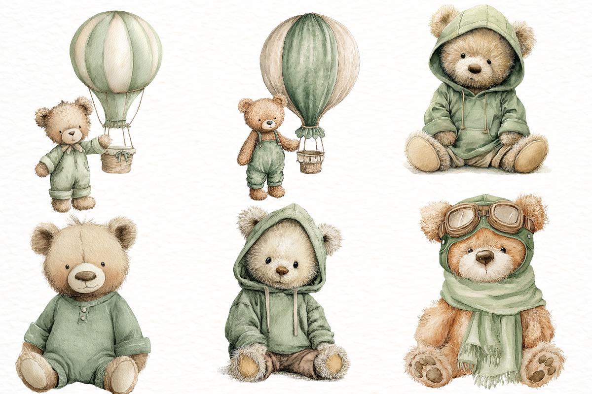 watercolor green teddy bear clipart, an Illustration by Designworld (Photo 4 of 5)
