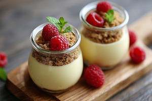 Creamy vanilla dessert in glass jars, a Food & Drink Photo by MistyDay