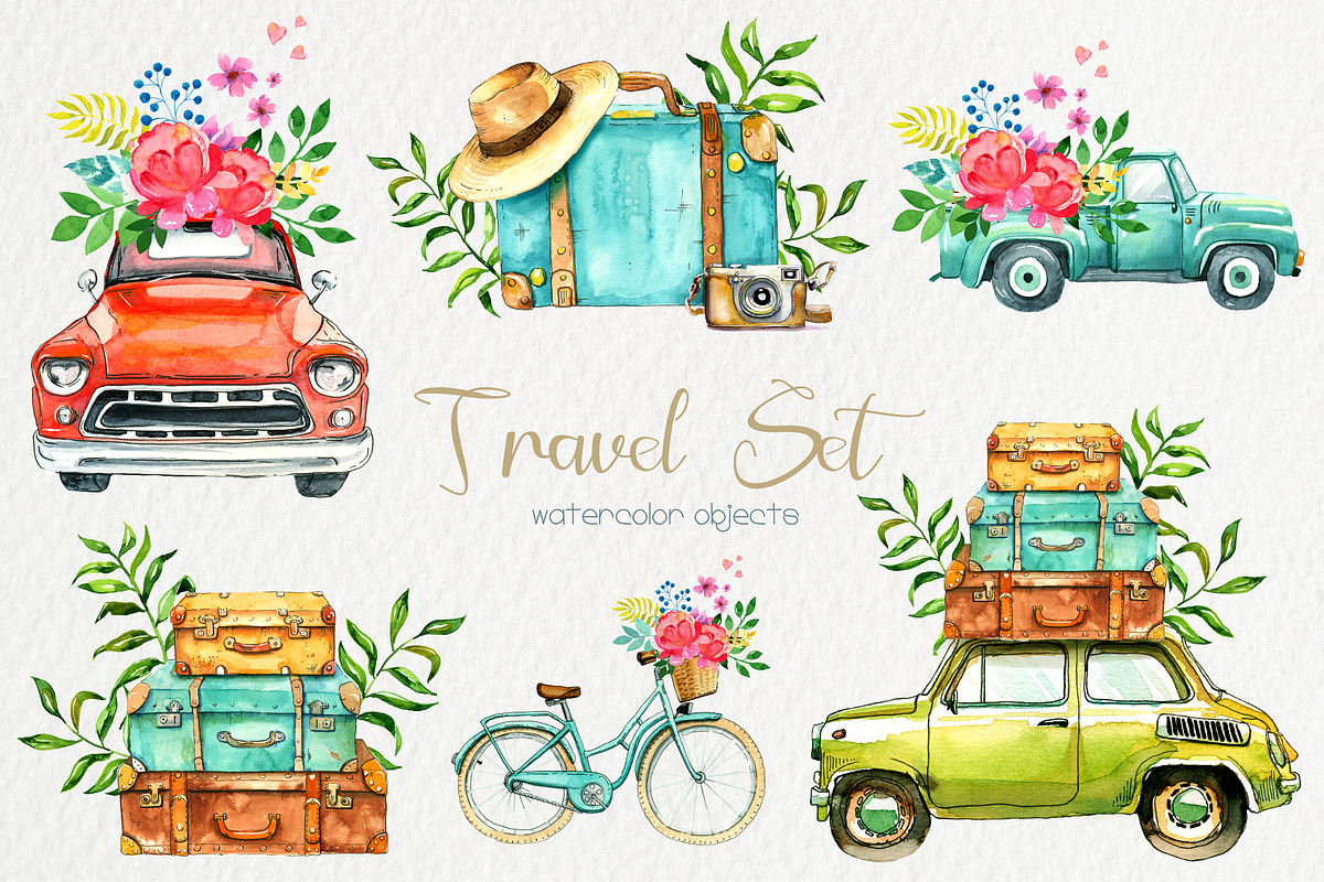 Travel Set. Watercolor illustrations, a Transportation Illustration by iri-illustration (Photo 1 of 7)