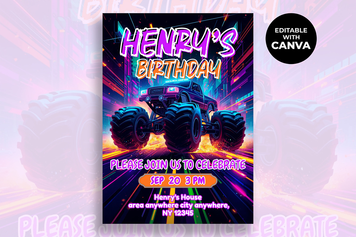 Monster Truck Birthday Invitation, an Invitation Template by M9 Design (Photo 1 of 4)