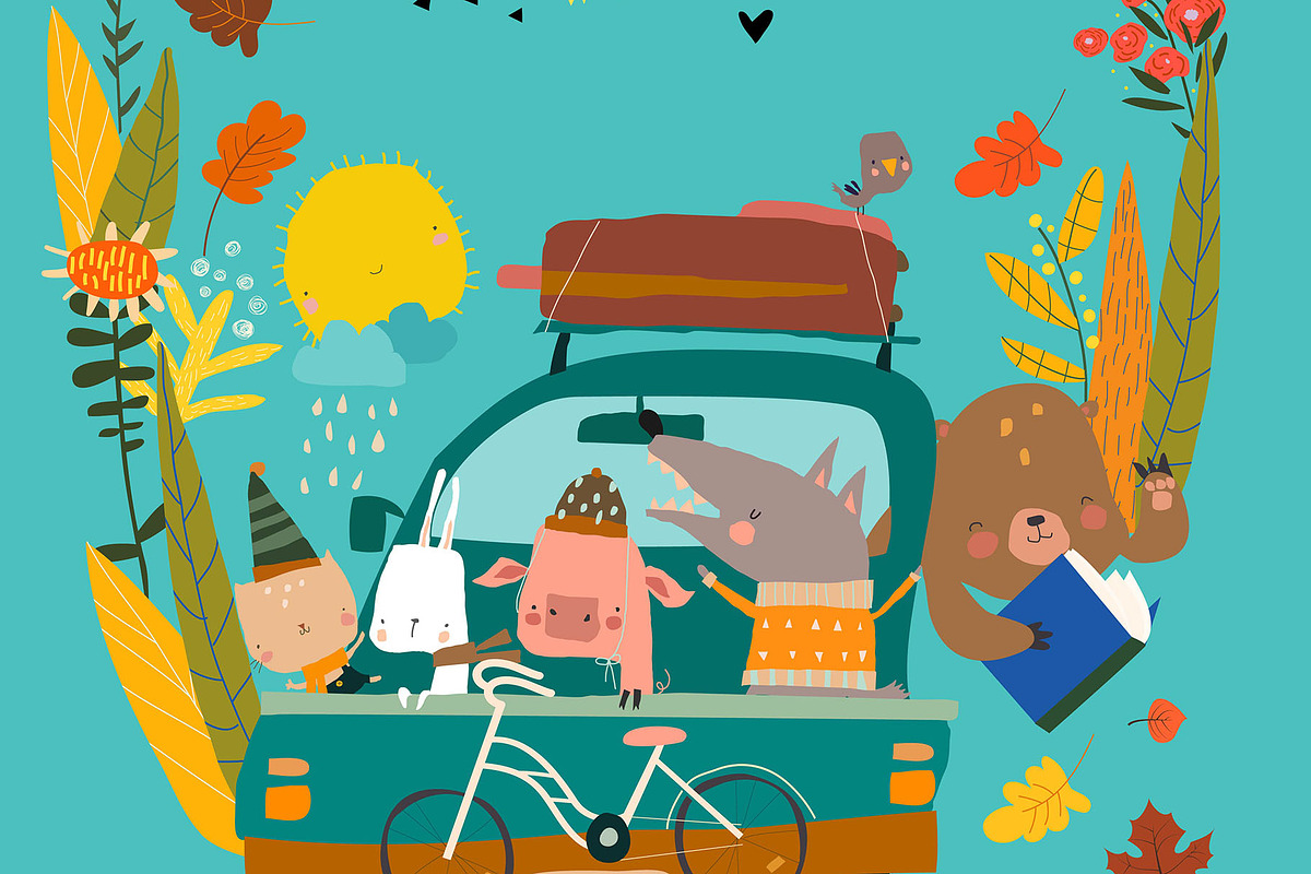 Frame with Animals traveling by Car, an Animal Illustration by Maria Starus (Photo 2 of 3)