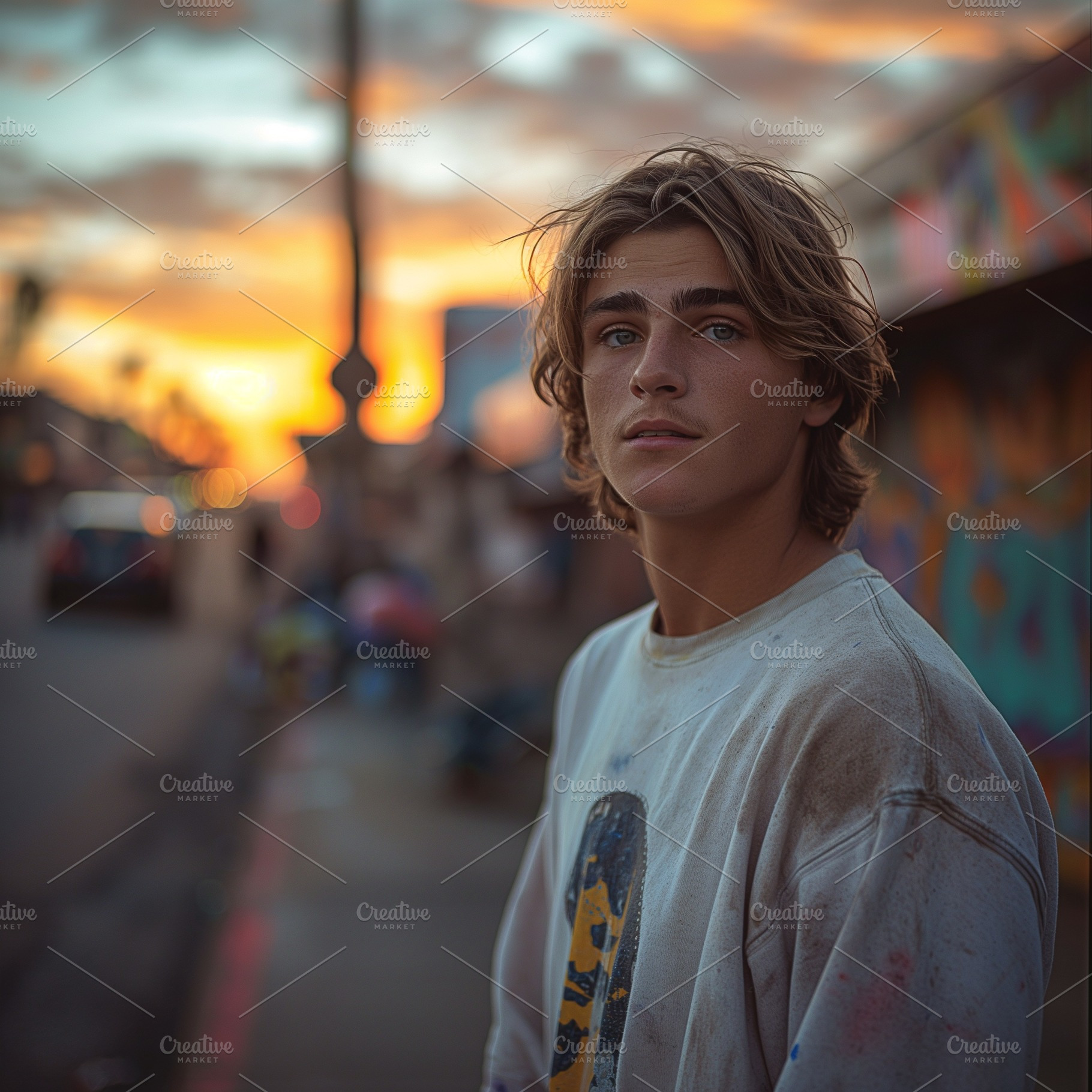 A young Caucasian male with tousled hair stands thoughtfully against a sunset b, a Person Photo by ImageMir