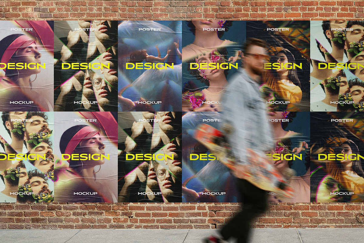 Wall With Glued Posters Mockup, a Mockup by Design Squad