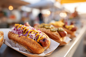 Grilled hot dog in a toasted bun topped with onions and mustard at a summer out, a Food & Drink Photo by AlyaAnd