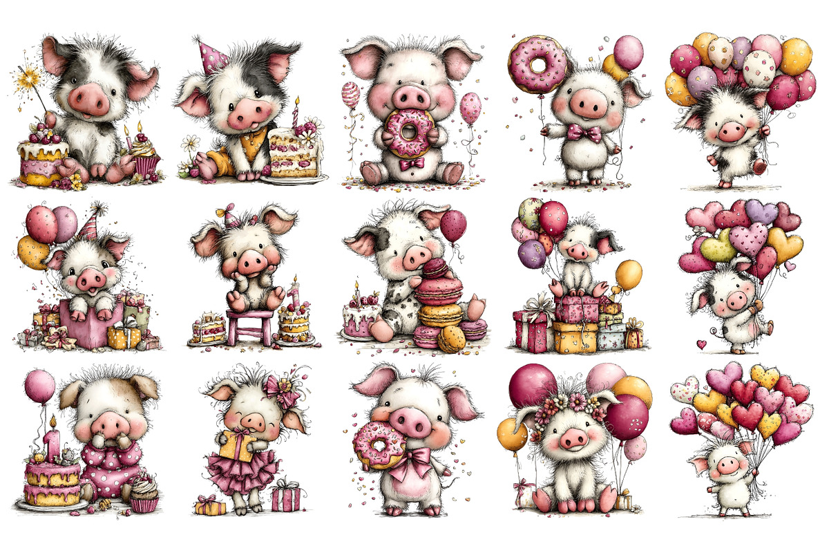 Birthday Pig PNG Clipart Bundle, an Animal Illustration by Nicolle's Colorful Art (Photo 2 of 4)