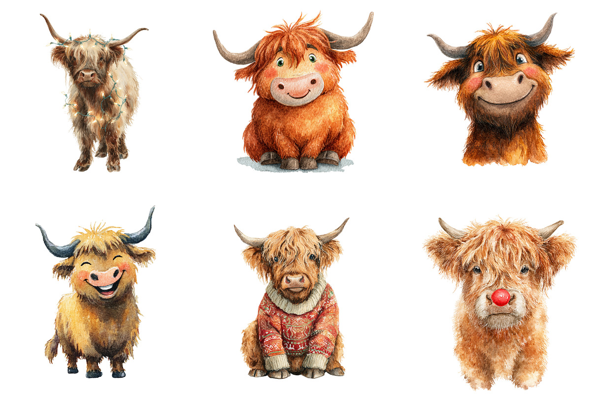 Cute Christmas Highland Cow, an Illustration by Design Market (Photo 2 of 3)