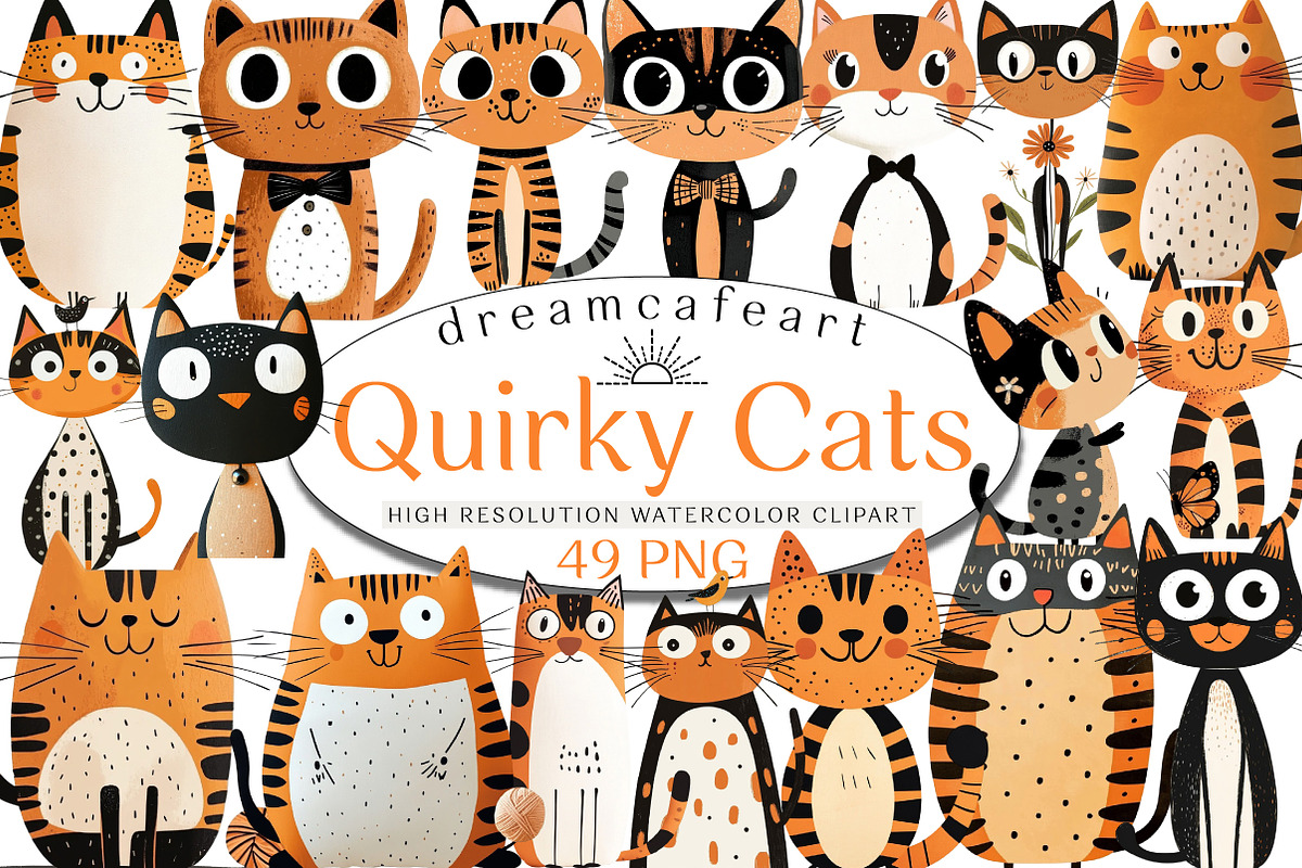 Quirky Cats Hand-drawn Clipart, an Illustration by DreamCafeArt (Photo 1 of 8)