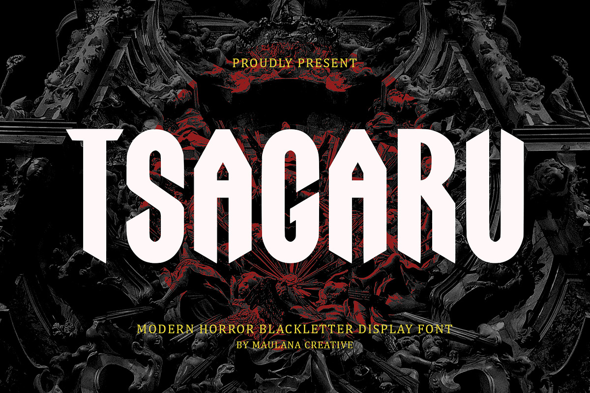 Tsagaru Modern Horror Blackletter, a Blackletter Font by Maulana Creative (Photo 1 of 7)
