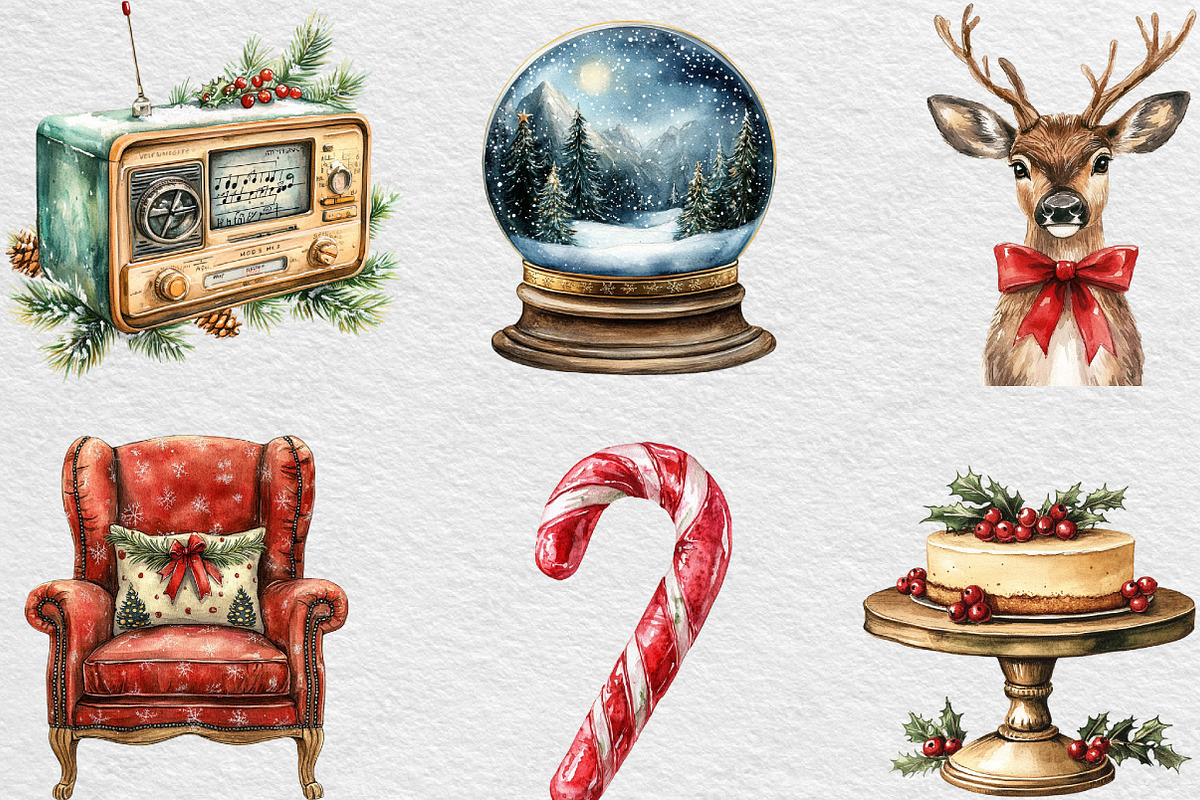 Retro Christmas Watercolor Clipart, an Illustration by Black Bird Studio (Photo 4 of 6)