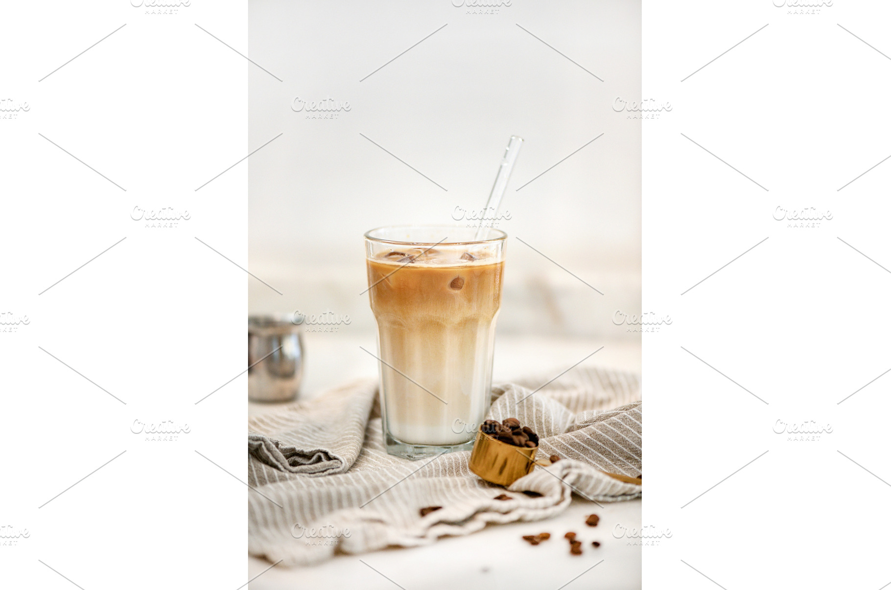Iced latte coffee drink in tall, a Food & Drink Photo by Foxys