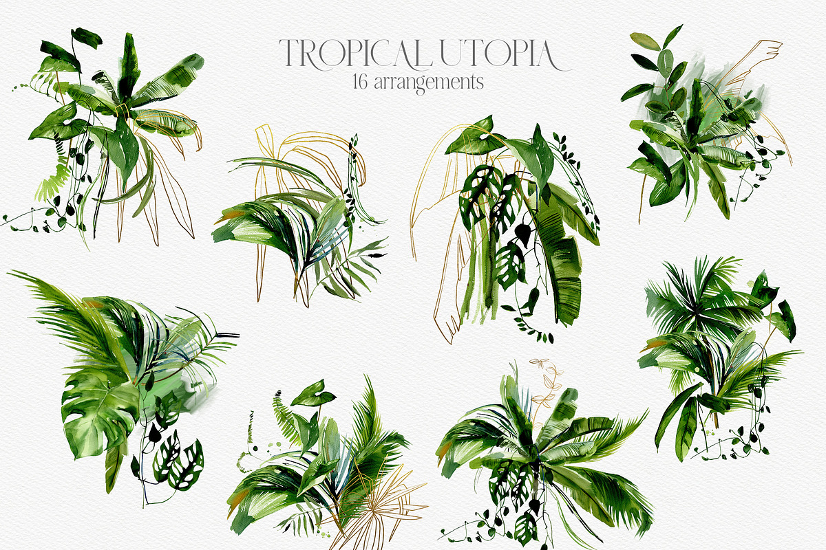 Tropical Greenery Watercolor Clipart, an Illustration by whiteheartdesign (Photo 2 of 22)