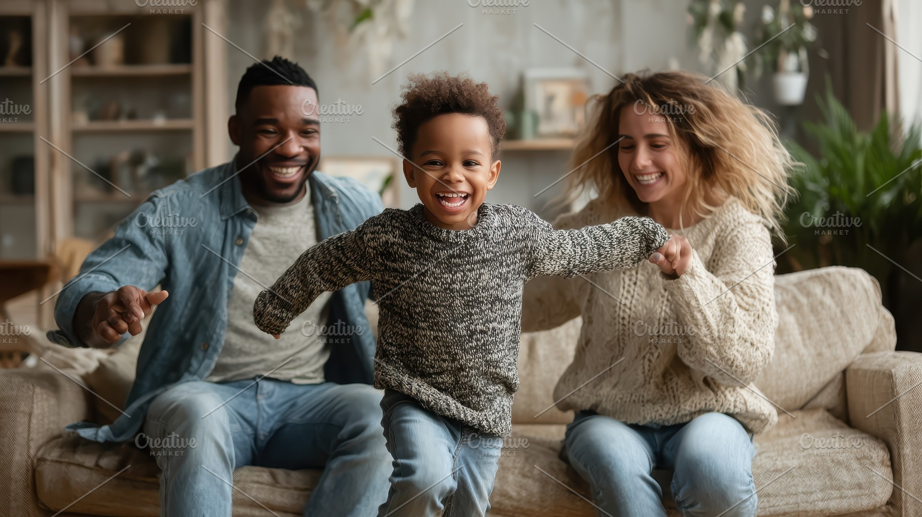 Happy family playing joyfully at hom, a Photo by Pixeness Studio