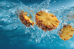 Pineapple slices splash into water, a Photo by Pavel_design