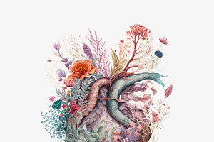 Painting with of a vibrant and colorful heart shaped arrangement