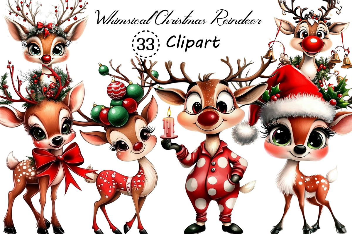 Whimsical Christmas Reindeer Clipart, an Illustration by Creative Art (Photo 1 of 11)