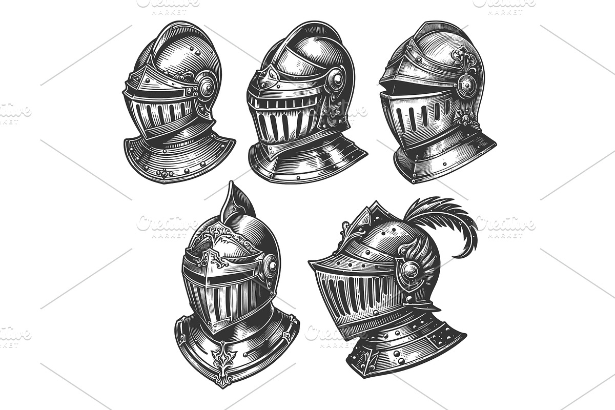 Medieval Knight Helmet engraving set, an Illustration by AlexArt