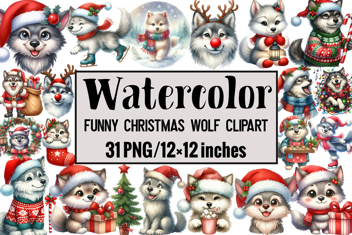Funny Christmas Wolf Clipart, an Illustration by Design Market (Photo 1 of 4)
