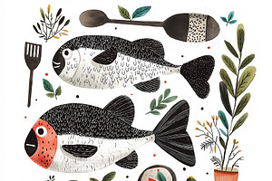 Two fresh fish on a kitchen counter, an Animal Illustration by Sybillla