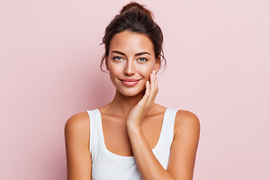 Woman with clear, glowing skin smile, a Beauty & Fashion Photo by MistyDay
