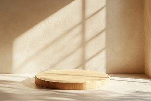 Wooden Display Pedestal in Warm Minimalist Interior, an Abstract Photo by Natalia Klenova's Shop