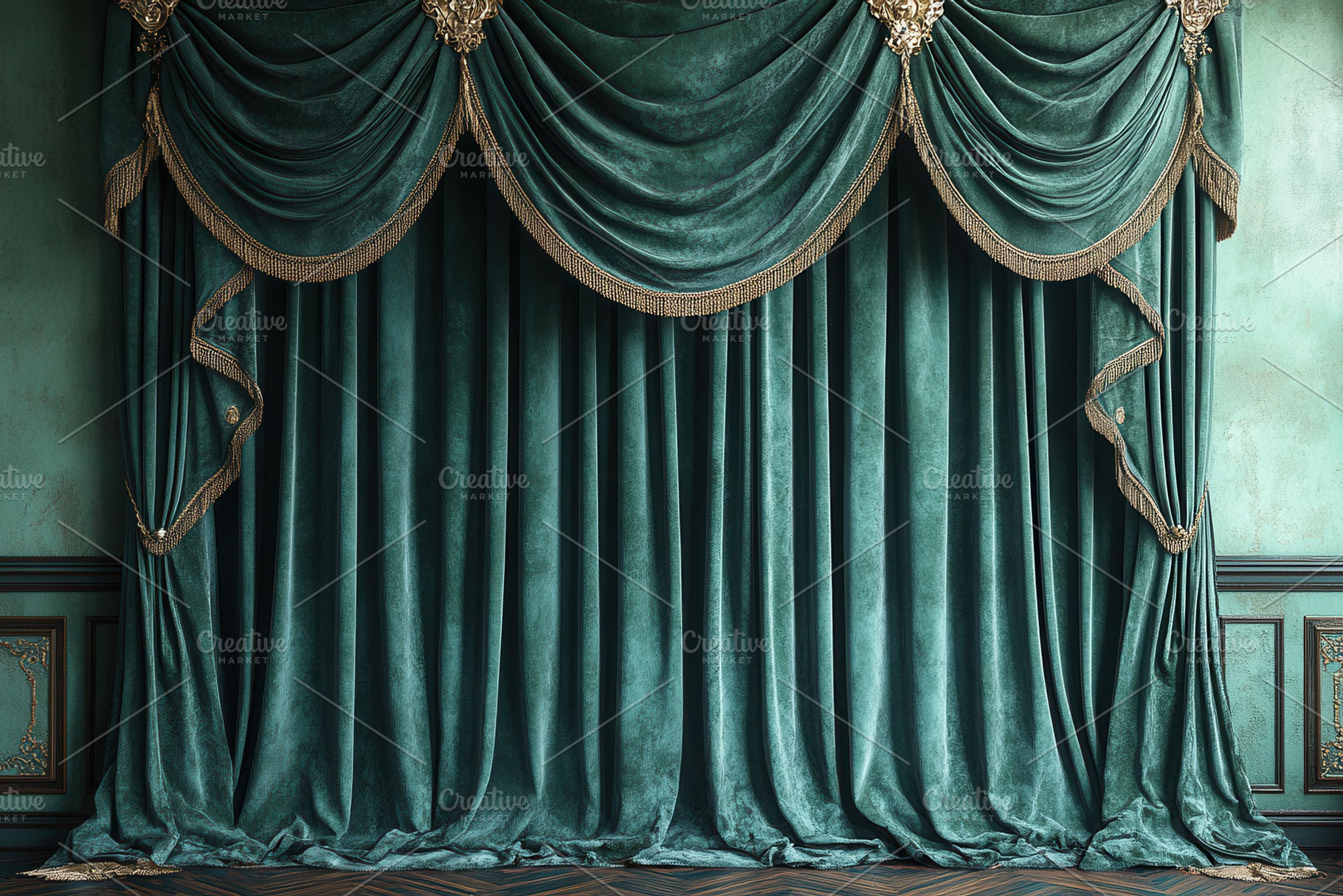 Elegant teal drapery with ornate det, a Photo by Tanuart