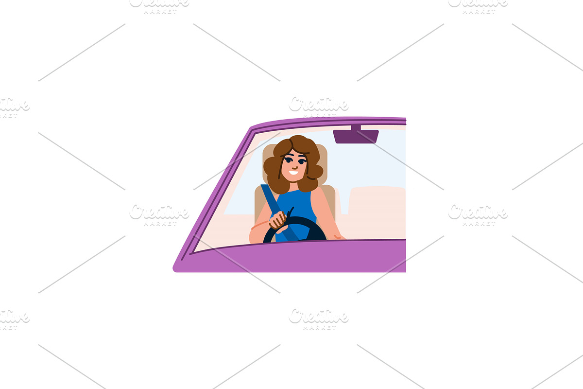 Woman driving a car wearing seatbelt, a Transportation Illustration by pikepicture