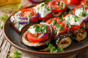 Rolled up eggplant stuffed with cheese and tomatoes in plate, a Food & Drink Photo by AlyaAnd