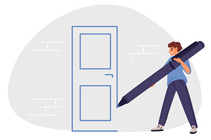 Man draws door on wall with pen, a Person Illustration by Vectorbuum