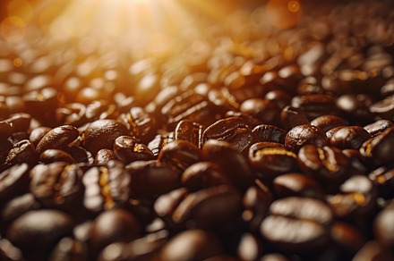Background of roasted coffee beans with sunlights, a Food & Drink Photo by AlyaAnd