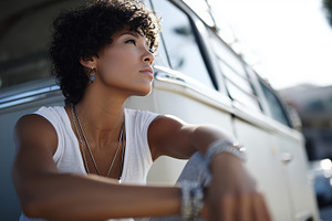 Woman with curly hair sitting though, a Person Photo by MistyDay