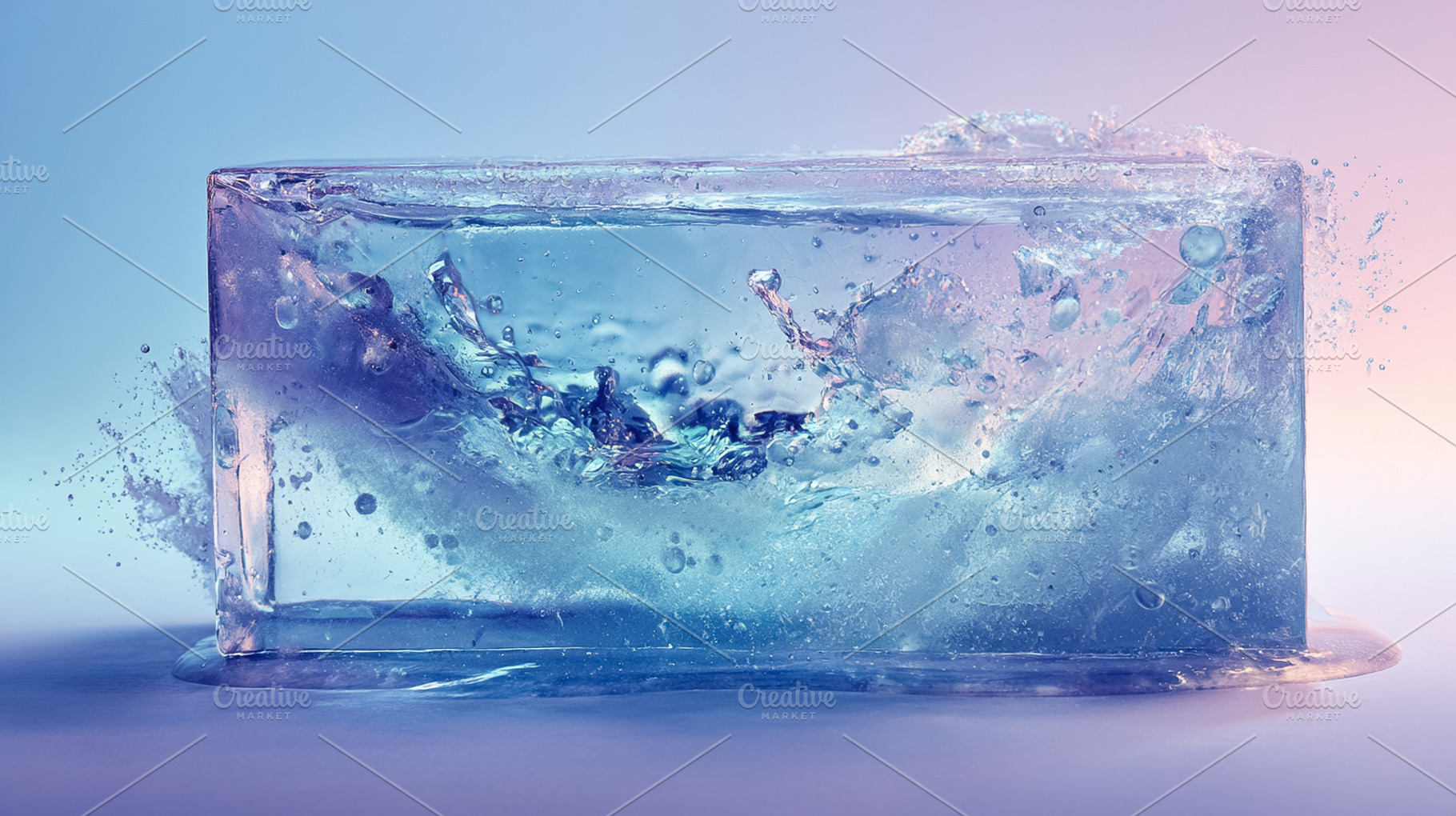 Water splashing and freezing inside a clear ice block creating a, a Photo by Studio ANNA