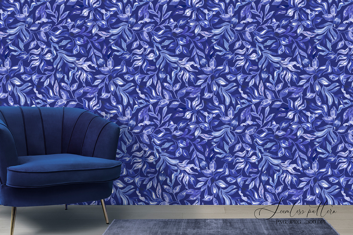 Blue Watercolor Foliage Repeat Print, a Pattern Graphic by SirenaArt (Photo 16 of 17)