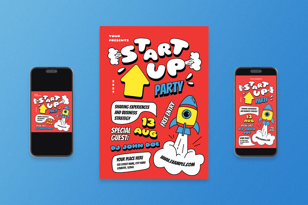 Red Cartoon Startup Party Flyer Set, a Flyer Template by Aiyari Graphic (Photo 1 of 3)