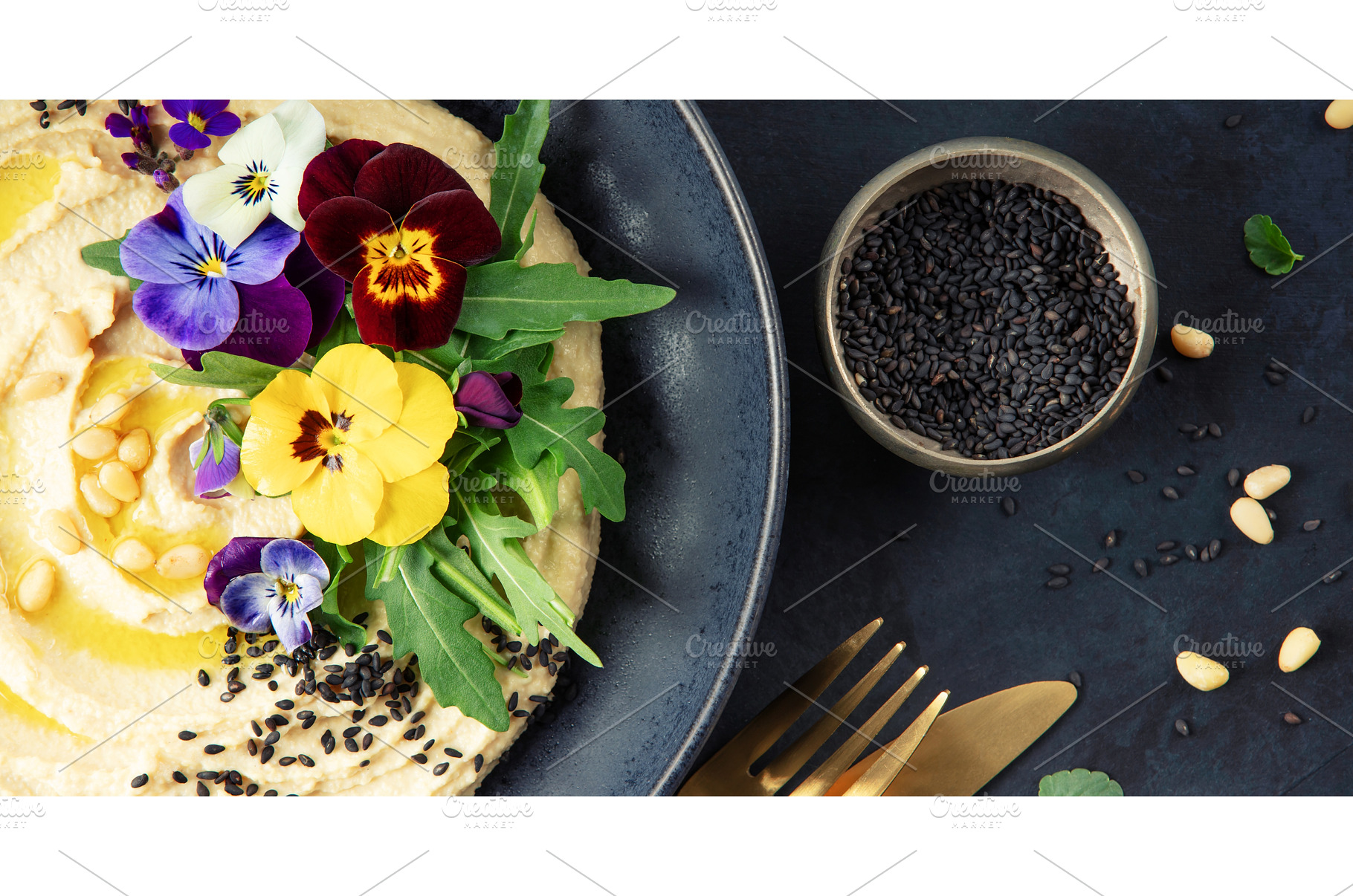 Gourmet Hummus with Edible Flowers, a Food & Drink Photo by Natalia Klenova's Shop