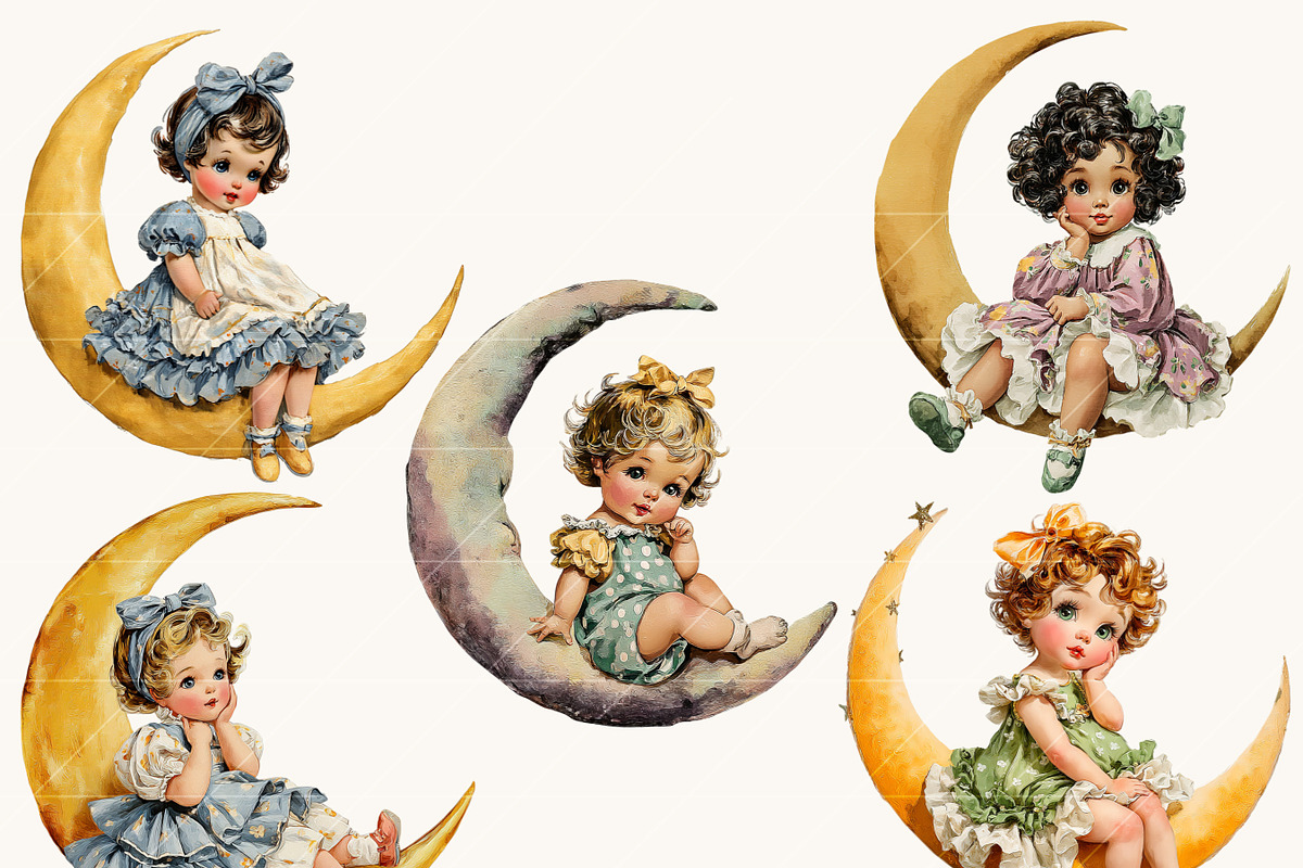Vintage Girls on the Moon Clipart, a Person Illustration by BusyDaydesign (Photo 5 of 9)