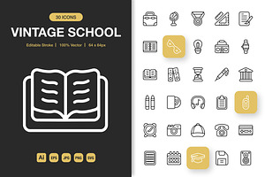 Vintage School Icons, an Outline Icon by Spacepixel Creative
