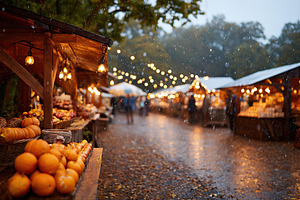 Apples and lights brighten a rainy market day in a bustling outdoor setting, a Food & Drink Photo by AlyaAnd